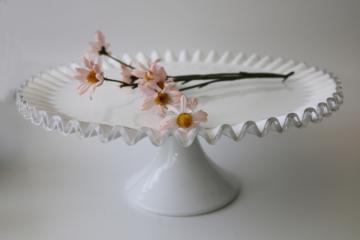 catalog photo of vintage Fenton silver crest milk glass cake stand, white w/ clear edge crimped ruffle