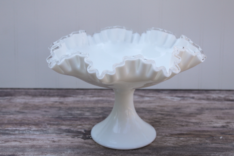 photo of vintage Fenton silver crest milk glass compote, large centerpiece pedestal bowl #1