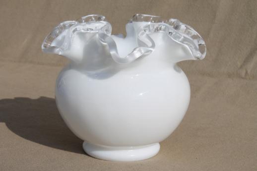 photo of vintage Fenton silver crest milk glass rose bowl, double crimped ruffle edge vase #2