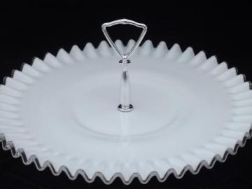 catalog photo of vintage Fenton  silver crest milk glass sandwich plate w/ center handle