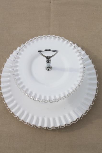 photo of vintage Fenton silver crest milk glass, two tier cake stand, tiered plate serving tray #3