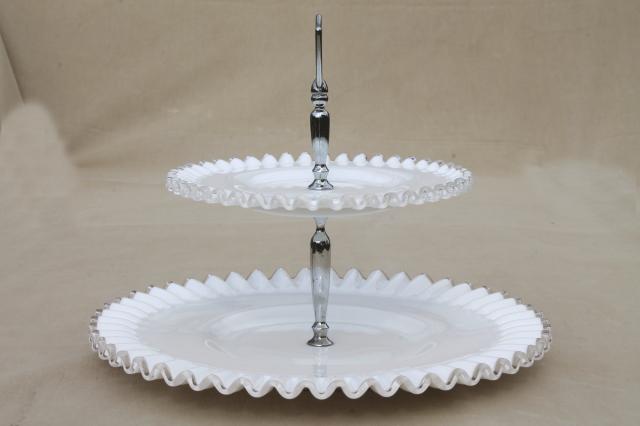 photo of vintage Fenton silver crest milk glass, two tier cake stand, tiered plate serving tray #4