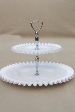 catalog photo of vintage Fenton silver crest milk glass, two tier cake stand, tiered plate serving tray