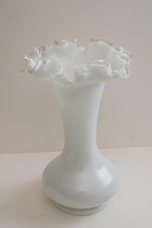 photo of vintage Fenton silver crest milk glass vase, clear edge on white glass #1