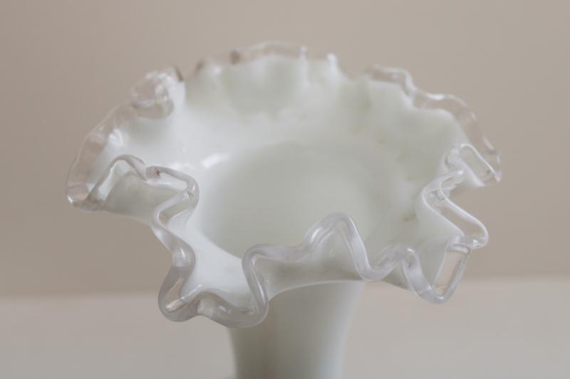 photo of vintage Fenton silver crest milk glass vase, clear edge on white glass #2