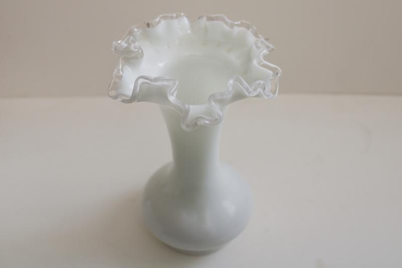 photo of vintage Fenton silver crest milk glass vase, clear edge on white glass #3