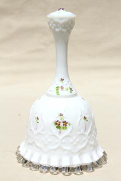 catalog photo of vintage Fenton silvercrest milk glass bell, hand painted violets in the snow