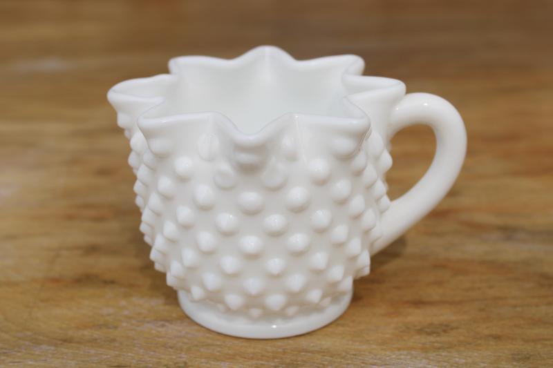 photo of vintage Fenton star staped creamer, hobnail pattern milk glass cream pitcher #1