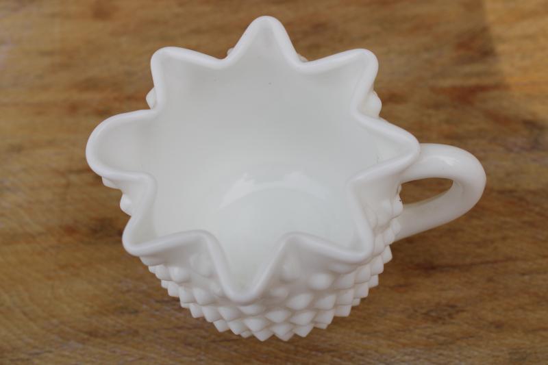 photo of vintage Fenton star staped creamer, hobnail pattern milk glass cream pitcher #2