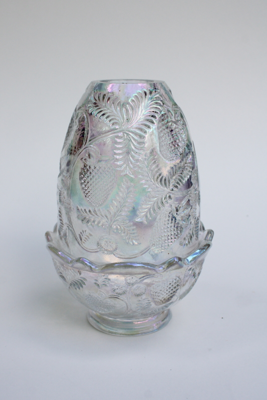 photo of vintage Fenton strawberry pattern fairy light, iridescent white carnival glass candle lamp #1