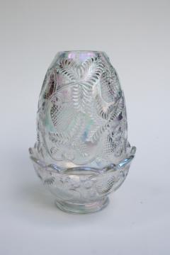 catalog photo of vintage Fenton strawberry pattern fairy light, iridescent white carnival glass candle lamp