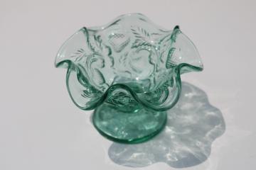 catalog photo of vintage Fenton strawberry pattern green glass candy mint dish, ruffle edged footed bowl