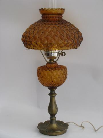 photo of vintage Fenton student lamp for desk or table, amber glass quilted diamond shade #1