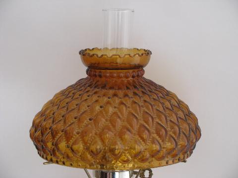 photo of vintage Fenton student lamp for desk or table, amber glass quilted diamond shade #2