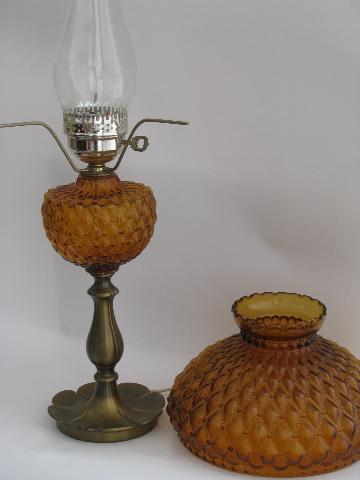 photo of vintage Fenton student lamp for desk or table, amber glass quilted diamond shade #3