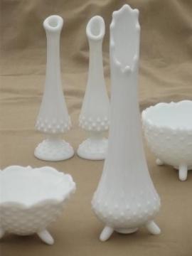 catalog photo of vintage Fenton swung glass hobnail milk glass flower bowls & vases lot