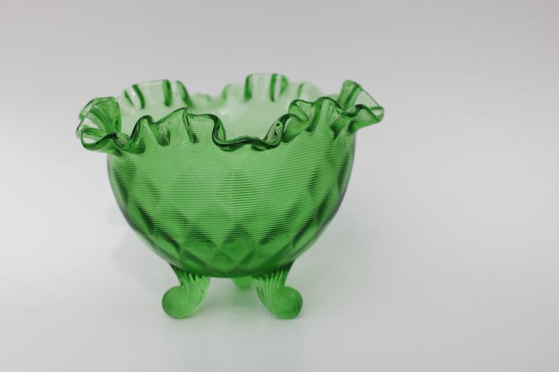 photo of vintage Fenton threaded diamond optic three toed bowl candy dish springtime green #1