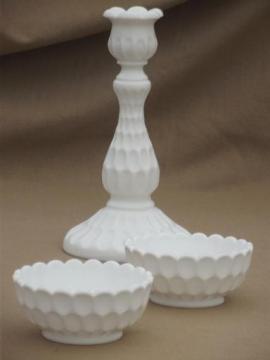 catalog photo of vintage Fenton thumbprint milk glass candlestick & pair of candle holders