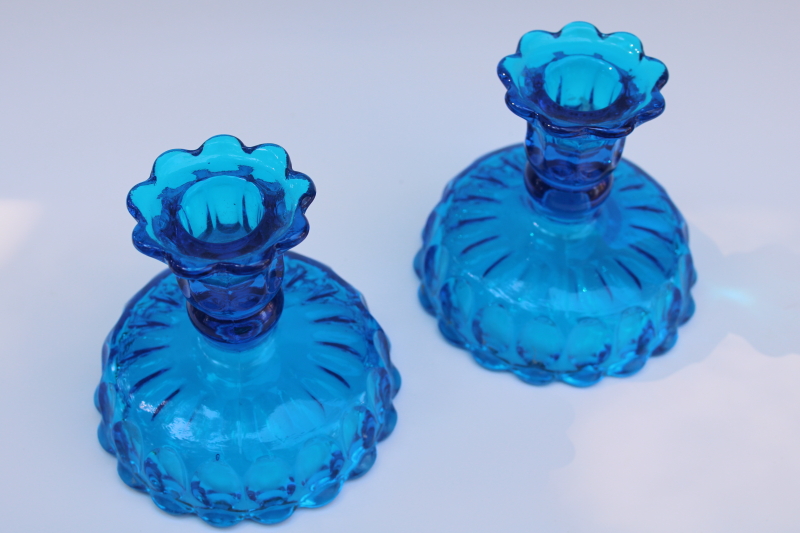 photo of vintage Fenton thumbprint pattern glass candle holders, colonial blue glass candlesticks  #2