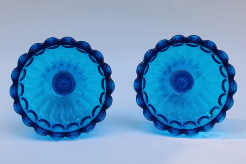 photo of vintage Fenton thumbprint pattern glass candle holders, colonial blue glass candlesticks  #3