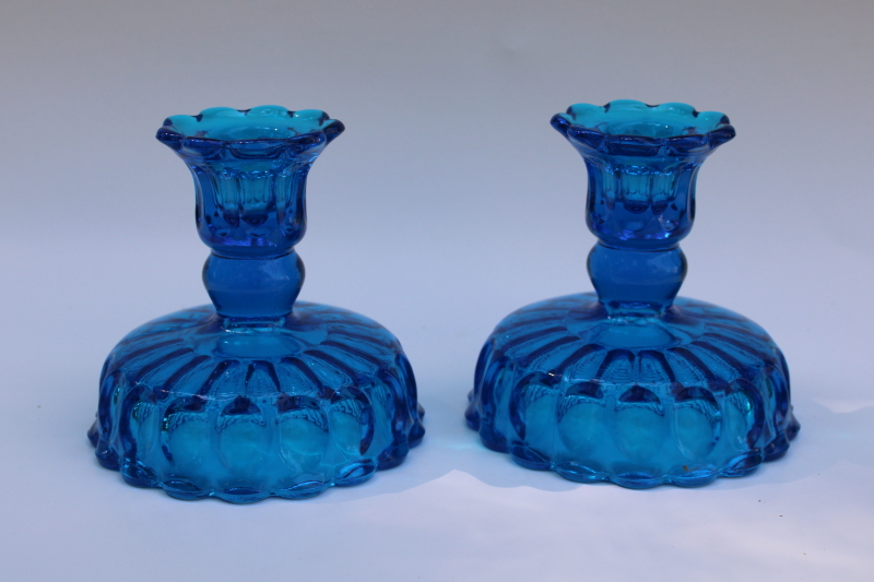 photo of vintage Fenton thumbprint pattern glass candle holders, colonial blue glass candlesticks  #5