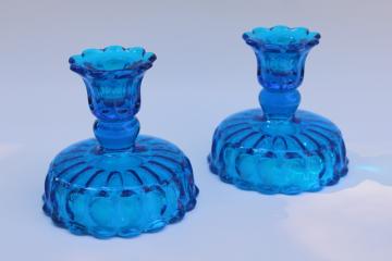 catalog photo of vintage Fenton thumbprint pattern glass candle holders, colonial blue glass candlesticks 