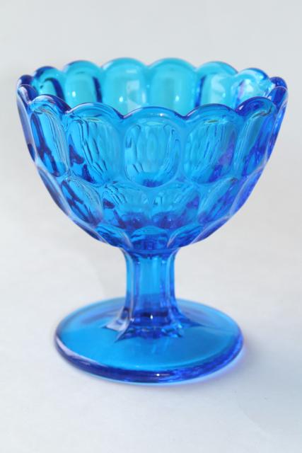 photo of vintage Fenton thumbprint pattern glass candy dish, colonial blue colored glass #1
