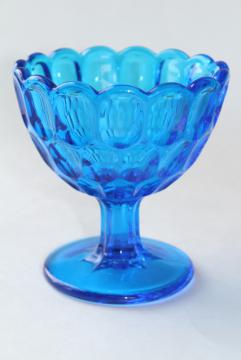 catalog photo of vintage Fenton thumbprint pattern glass candy dish, colonial blue colored glass