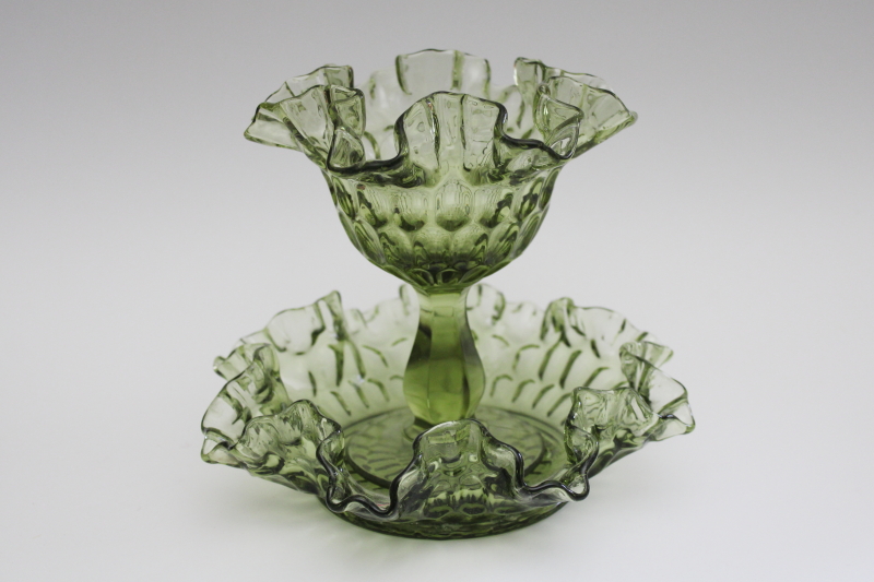 photo of vintage Fenton thumbprint pattern green glass bonbon bowl & candy dish compote #1