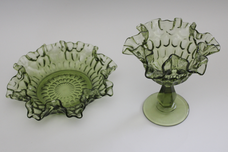 photo of vintage Fenton thumbprint pattern green glass bonbon bowl & candy dish compote #2