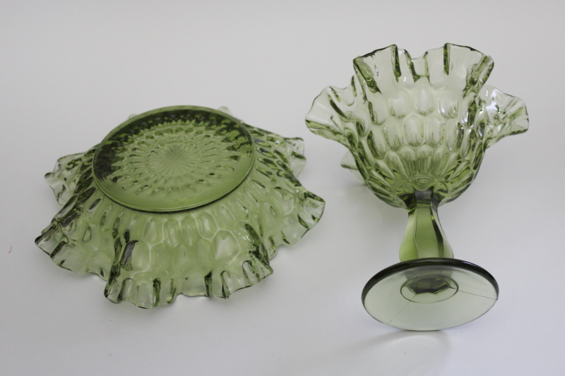 photo of vintage Fenton thumbprint pattern green glass bonbon bowl & candy dish compote #3