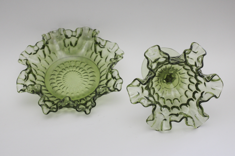 photo of vintage Fenton thumbprint pattern green glass bonbon bowl & candy dish compote #4