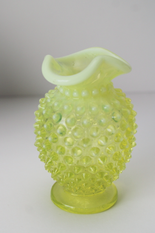 photo of vintage Fenton topaz yellow opalescent hobnail vase, uranium glass glows under black light  #1