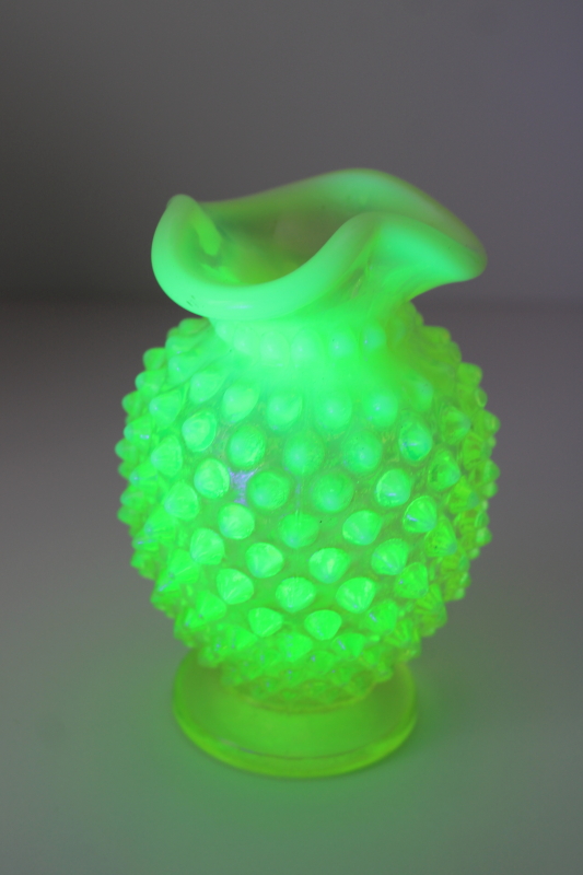 photo of vintage Fenton topaz yellow opalescent hobnail vase, uranium glass glows under black light  #2