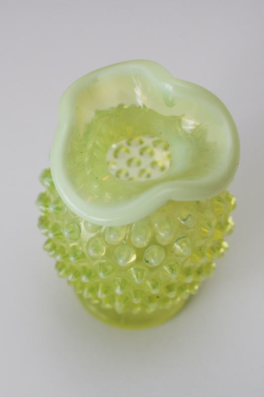photo of vintage Fenton topaz yellow opalescent hobnail vase, uranium glass glows under black light  #3