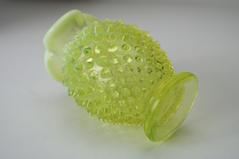 photo of vintage Fenton topaz yellow opalescent hobnail vase, uranium glass glows under black light  #5