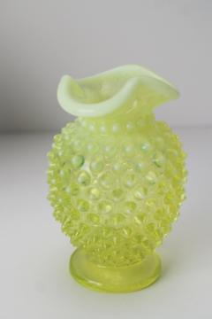 catalog photo of vintage Fenton topaz yellow opalescent hobnail vase, uranium glass glows under black light 