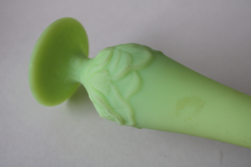 photo of vintage Fenton uranium glow lime custard satin glass bud vase, water lily pattern #5