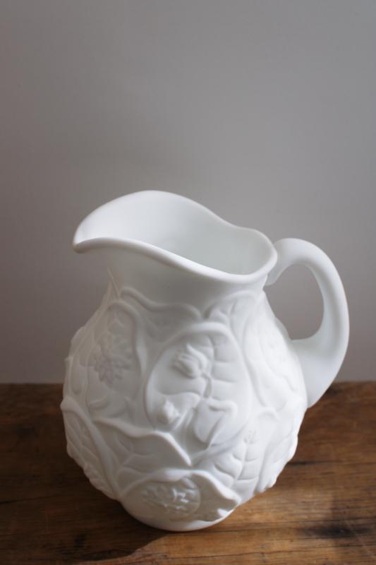 photo of vintage Fenton water lily pitcher, white satin glass, doeskin milk glass #1