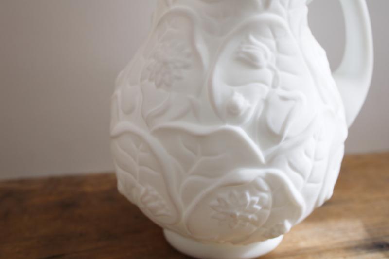 photo of vintage Fenton water lily pitcher, white satin glass, doeskin milk glass #2