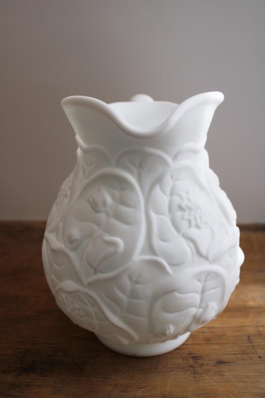 photo of vintage Fenton water lily pitcher, white satin glass, doeskin milk glass #6