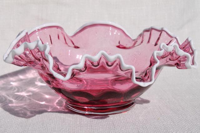 photo of vintage Fenton white snow crest cranberry glass bowl, dot optic large centerpiece dish #1