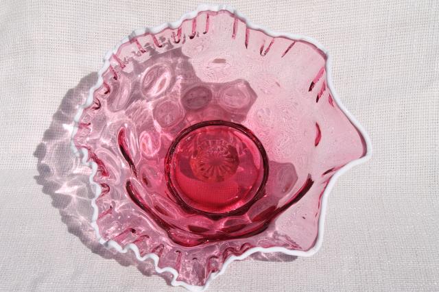 photo of vintage Fenton white snow crest cranberry glass bowl, dot optic large centerpiece dish #2