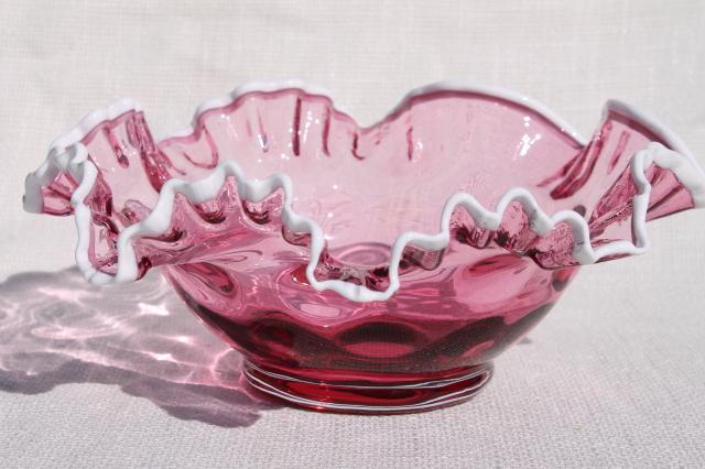 photo of vintage Fenton white snow crest cranberry glass bowl, dot optic large centerpiece dish #3