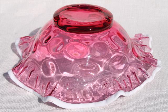 photo of vintage Fenton white snow crest cranberry glass bowl, dot optic large centerpiece dish #5