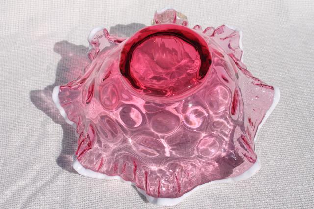 photo of vintage Fenton white snow crest cranberry glass bowl, dot optic large centerpiece dish #10