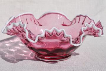 catalog photo of vintage Fenton white snow crest cranberry glass bowl, dot optic large centerpiece dish