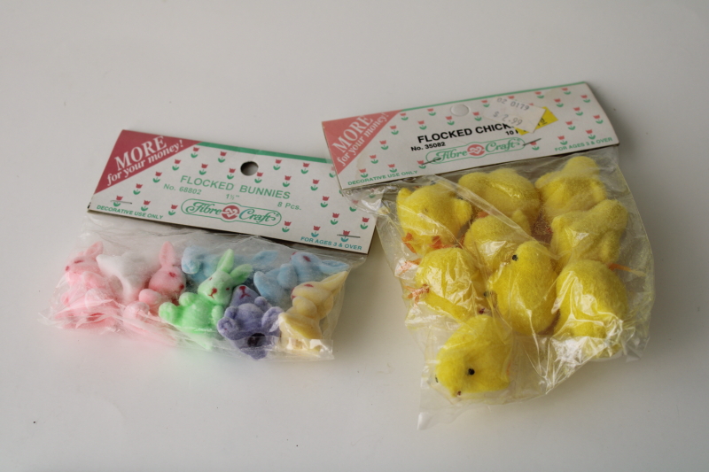 photo of vintage Fibre Craft sealed packages miniatures, flocked Easter chicks & bunnies pastel colors  #1