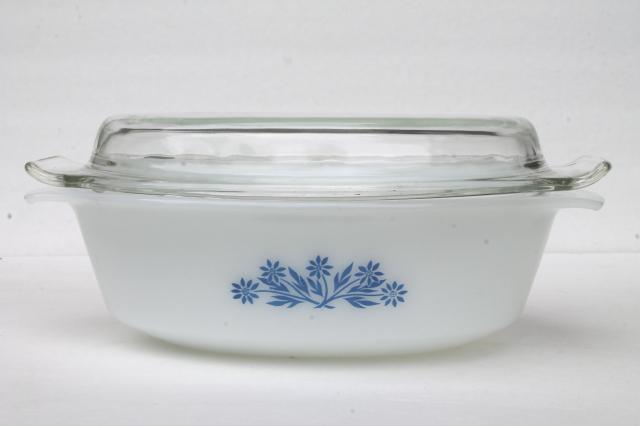 photo of vintage Fire King Anchor Hocking blue corn flower milk glass casserole dish & ramekins #3