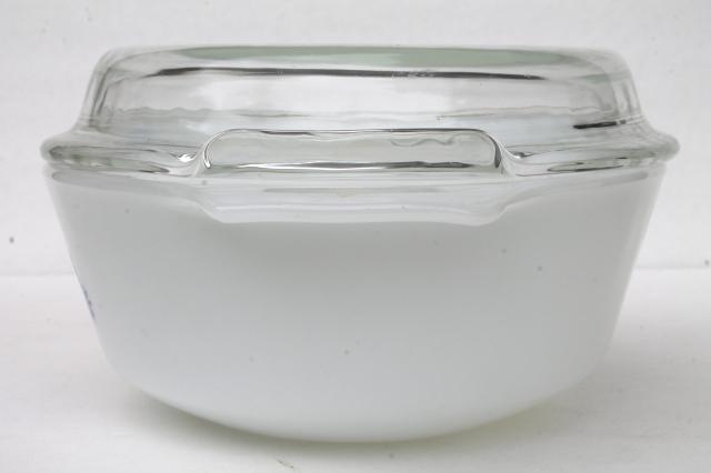 photo of vintage Fire King Anchor Hocking blue corn flower milk glass casserole dish & ramekins #4